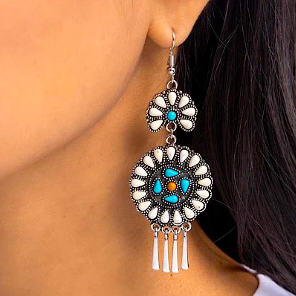 Boho Turquoise and White Stone Dangle Earrings - Picture 2 of 8